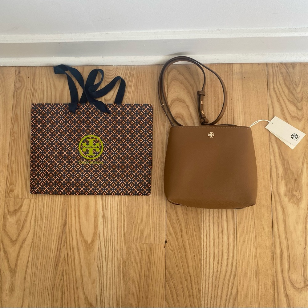 Tory Burch Small Emerson Bucket Bag Brown Cognac Saffiano Leather Crossbody